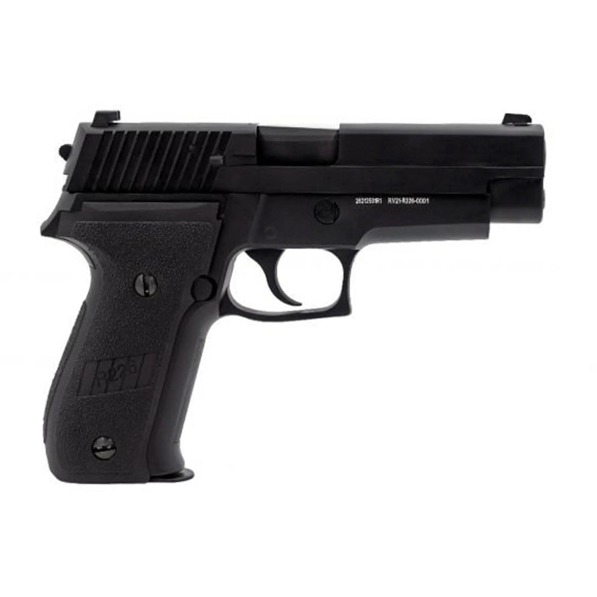 Raven R226 noir GBB, pistolet semi-auto avec carcasse métallique, plaquettes en plastique noir, et canon externe noir.