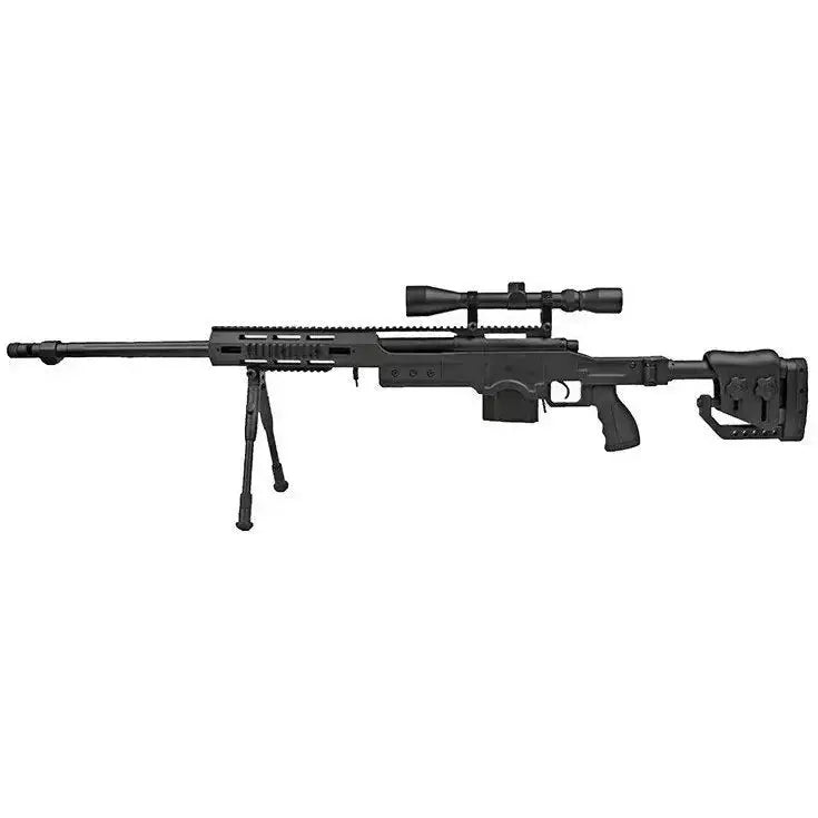 Sniper noir MSR MB4411D de la marque Well avec bipied et lunette, idéal pour tir longue distance.