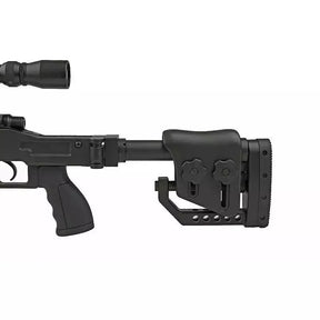 Sniper MSR MB4411D noir de la marque Well avec bipied et lunette, puissance d'environ 400fps/1.4 Joule, idéal pour le tir à longue distance.