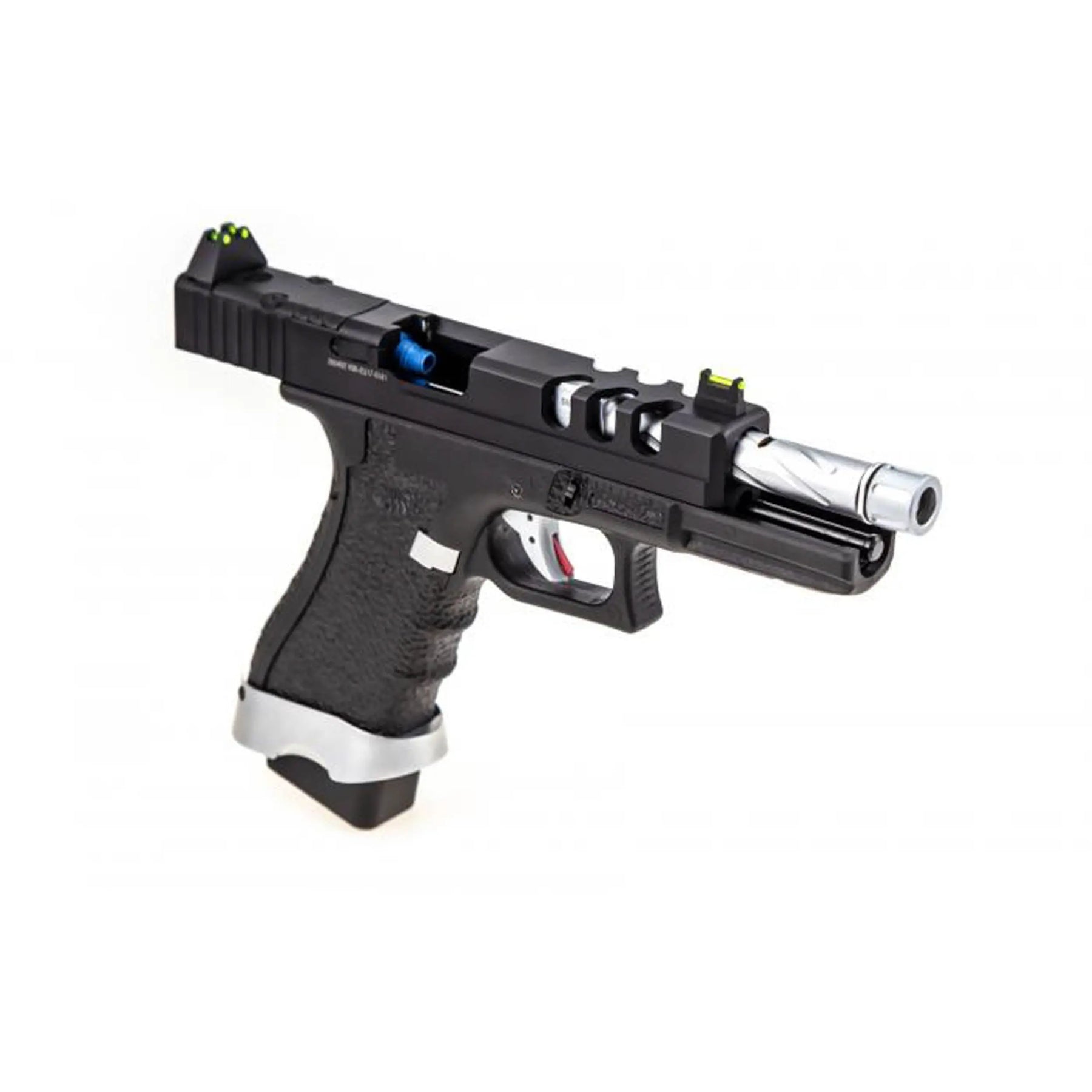 VORSK EU7 Vented Noir, pistolet Glock custom avec culasse en aluminium, frame en polymère, canon externe torsadé et cache flamme fileté, offrant une vélocité de 300 FPS
