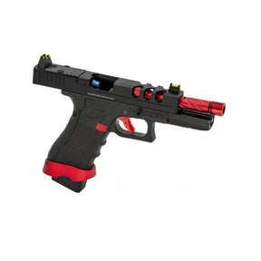 VORSK EU7 Vented Rouge match, pistolet à l'ergonomie et au design soigné, type Glock Custom avec culasse Aluminium noire, canon externe torsadé rouge et chargeur gaz 26